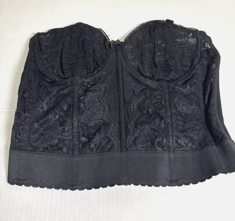 VTG Goddess Black Lace Structured Bustier Corset Bra NO STRAPS Retro Glam 36C